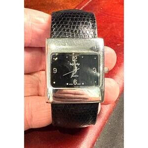 Women's 32mm Silver Tone Infinity Bangle Watch, Black Lwather Wrapped Band